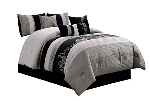 Chezmoi Collection Napa 7-Piece Luxury Leaves Scroll Embroidery Bedding Comforter Set (California King, Gray/Light Gray/Black)