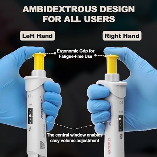 Image of 4E's USA Lab 1-5mL Pipette: Single-Channel Adjustable Micropipette with Color-Coded Top (Yellow), 4 Digit Display, Universal Tip Cone, High Accuracy, ISO 8655 Calibrated & Lower Portion Autoclavable
