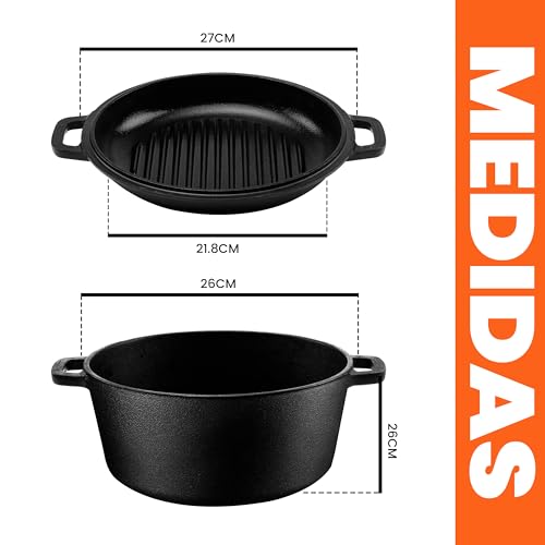Miniatura 6 de Kichly 2 En 1 Olla De Hierro Fundido Pre-Sazonada Con Tapa Para Asar - Cocinar Al Horno, Freír, Asar, Guisar, Dorar Y Parrilla - Cocina De Interior Y Exterior