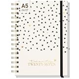 Häfft® Agenda semanal con anillas 2026/2027 A5 en inglés (+ IT/FR/ES) - 17 meses: desde agosto 26 al diciembre 27 - Calendario internacional encuadernación en espiral"Golden Hearts"
