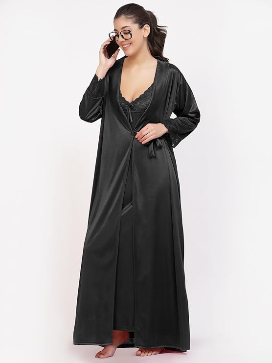 come4try Women's Satin Nightgown Set with Robe, Black, XXL - Image 6