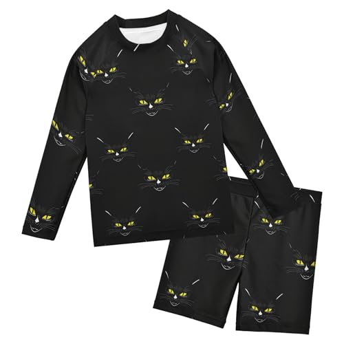 Cute Black Cat Boys Rash Guard Swimsuits Set for Boys Long Sleeve Swim Shirts Bathing Suits with Trunks B0404913