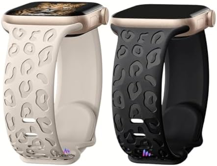 Apple ile Uyumlu Watch 11 10 42-46mm / 9 8 7 6 5 4 3 2 1 SE Ultra Uyumlu 38-40-41mm Leopar Desenli 2'li Silikon Kordon Seti (Starlight - Siyah, Watch 11 10 46mm 49-45-44mm) — Amazon ürün görseli
