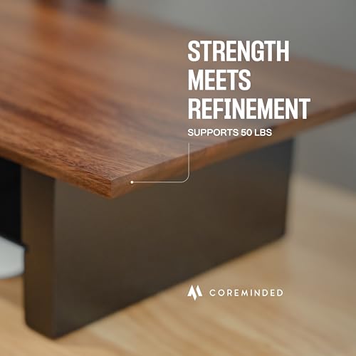 Image of COREMINDED Solid Wood Dual Monitor Stand Riser - 43 inch Walnut Desk Shelf for 2 Monitors with Tray & Wool Felt, Organizer for Desktop, Laptop and Office (Solid Walnut)