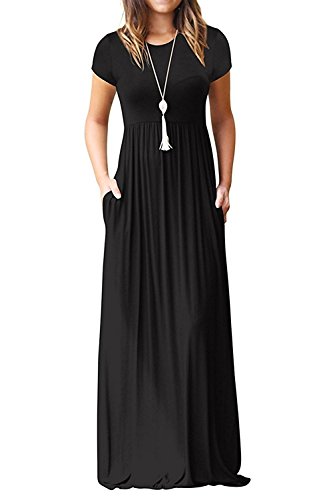Image of EUOVMY Women's Short Sleeve Loose Plain Maxi Dresses Casual Vacation Long Dresses with Pockets