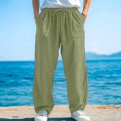 Men's Casual Cotton Linen Pants Drawstring Elastic Waist Loose Fit Beach Pants Lightweight Breathable Lounge Pant2