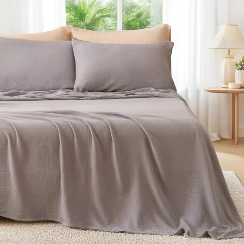 LUTBM King Sheet Set Cotton Bed Sheets Gauze 4 Pcs Grey King Sheets Set 16
