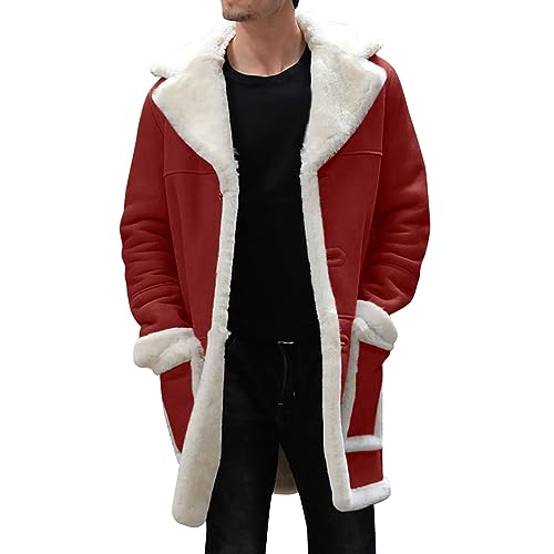 Mens Sherpa Fleece Lined Jackets Winter Warm Fur Collar Long Trench Coats Thick Outwears Pockets for Big Tall Men