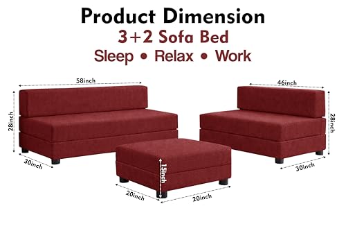 Image of Rosebell 3+2 Convertible Leg Sofa Cum Bed Set with Ottoman - Foldable Modular Seating & Sleeper - Space Saving Living Room Furniture - Jute Fabric-Red