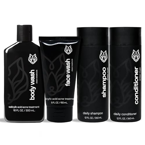 Black Wolf Shower Bundle for Hair and Body - Includes Daily Shampoo & Conditioner Set, Acne Control Charcoal Body Wash & Salicylic Acid Acne Face Wash - Gift Set