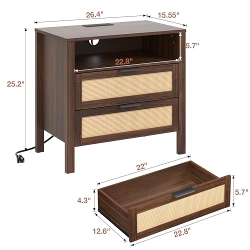 HOMMPA Rattan Night Stand with Charger Station, 26'' Wide Boho Nightstand with 2 Drawer, Modern Bedside Table with USB Port & AC Outlet, Bed Side End Table Dresser with Open Shelf for Bedroom, Walnut - image 2