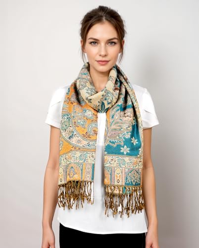 Achillea 2 Pack Steel Blue Paisley Pashmina and Teal Dark Amber Floral Shawl Bundle3