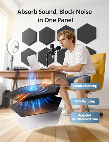 Image of Kuchoow Acoustic Mass Loaded Vinyl Soundproofing Wall Panels Noise Blocker For Ceiling, Hexagon MLV 12 Pack Self Adhesive Sound Absorbing and Proofing Black Tiles for Bedroom,Studio Recording