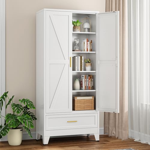 Image of Bevivog Farmhouse Metal Storage Cabinet with 4 Shelves, 71 inch Tall Shelf Cabinets with 2 Barn Doors & Drawer, 31.5 inch Wide Storage Cabinet with Doors for Office /Pantry /Bathroom
