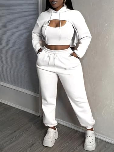 Women 3 Piece Sweatsuit Set Sexy Long Sleeve Pullover Cropped Hoodie Tank Top and Jogger Sweatpants Tracksuit3