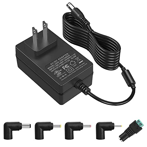 24V 1.5A Power Adapter 100V-240V to 24V 1.5A AC/DC Switching Power Supply Adapter 24v Power Supply with 5 Selectable Adapter Plugs