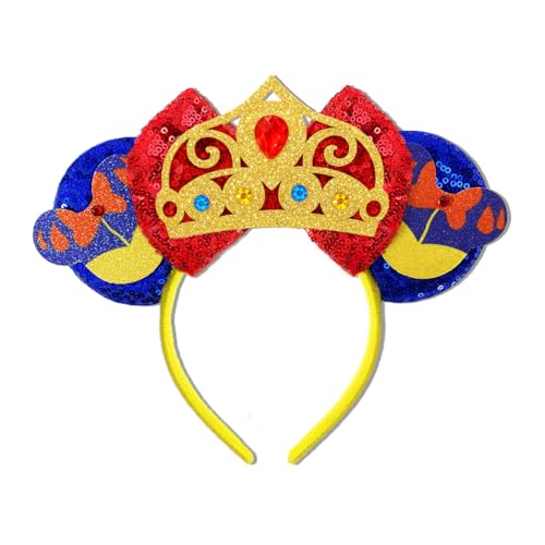 INLOLLY Crown Headband Blue Sequin Ears with Red Bow And Gold Crown Lightweight Fairy Tale Costume Accessories for Women Party Gifts