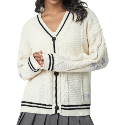 Image of Women's Long Sleeve Cardigan V Neck Stars Button Down Oversized Open Front Sweaters Casual Cable Batwing Knitted Coat