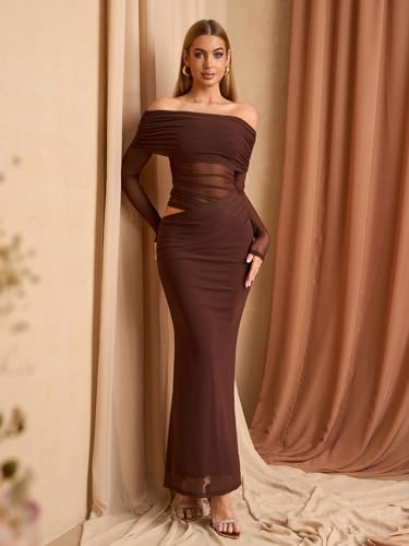 KUTUMAI Women Off Shoulder Long Sleeve Maxi Dress Cutout Mesh Ruched Bodycon Formal Wedding Guest Dresses4