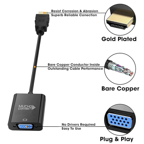 Image of HDMI to VGA Adapter (1080P Full HD, Gold-Plated) with Audio Cable - HDMI Male to VGA Female Converter for Laptop, PC, Projector, Monitor, HDTV (Black)