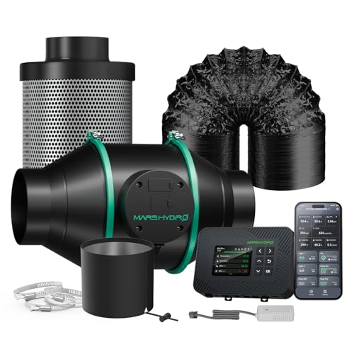 MARS HYDRO 4' Rohrventilator 100mm/Abluftset mit iControl Temperatur- & Feuchtigkeitsregler, App-Fernsteuerung, Aktivkohlefilter-Kombo + Abluftschlauch，Belüftungssystem Lüftungsset für Growzelt
