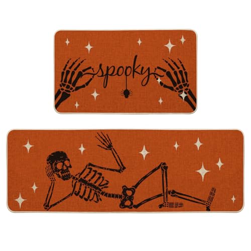 Artoid Mode Spooky Skeleton Spider Bone Orange Halloween Kitchen Mats