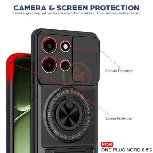 Image of OnePlus Nord 6 5G Back Cover | Armor Camera Slider 360 Degree Rotating Finger Ring Holder Case with Bracket Stand Back Case Cover (Compatible with MagSafe Accessories) (Black)