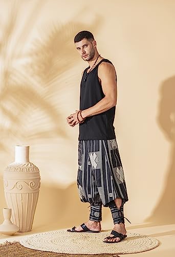 Image of The Veshti Company Cotton Baggy Pants Drop Crotch Harems for Men's Loose Boho Oversized Striped Meditation Yoga Pant with Pocket