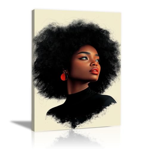 Tableau femme afro aux boucles d'oreilles rouges pour grand salon chic