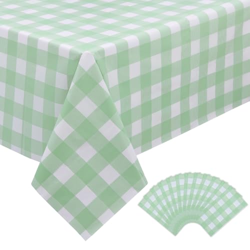 Image of Kesfey 12 Packs Sage Green Gingham Tablecloth Sage Green and White Checkered Table Cloths 54 x 108 Inches Disposable Plastic Gingham Tablecovers Waterproof Picnic Camping Table Covers for Baby Shower