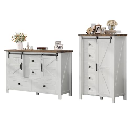 AMERLIFE 2PCS Farmhouse Dresser Set with Sliding Barn Doors, 47" Wide 4-Drawer Dresser & 5-Drawer Tall Chest of Drawers, Bedroom Storage Organizer, Distressed White