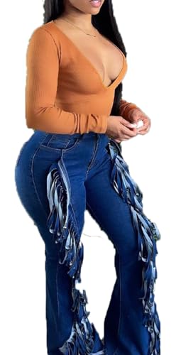 Bell Bottom Jeans for Women Ripped High Waisted Classic Tassels Flared Pants3