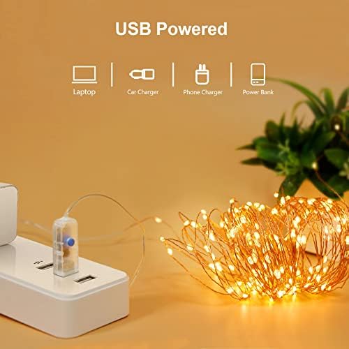 Gritin Fairy Lights String Lights, 20M/66ft 200 LED Christmas Lights Outdoor/Indoor Decorations, 8 Modes Remote Control, USB Plug in Powered Pure Copper String Lights for Xmas, Party - Warm Yellow