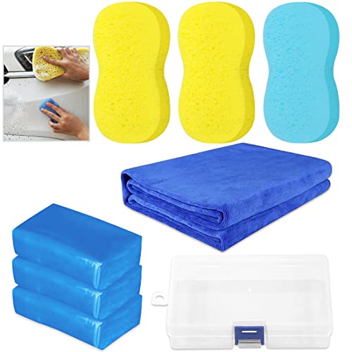 Glarks Clay Bar Car Detailing Clay with Premium Microfibre Washing Towel and Car Wash Sponges for Cleaning Oxidation, Scale, Bird Feces, Iron Powder, Acid Rain, and Sap on Car and Glass, Pack of 8