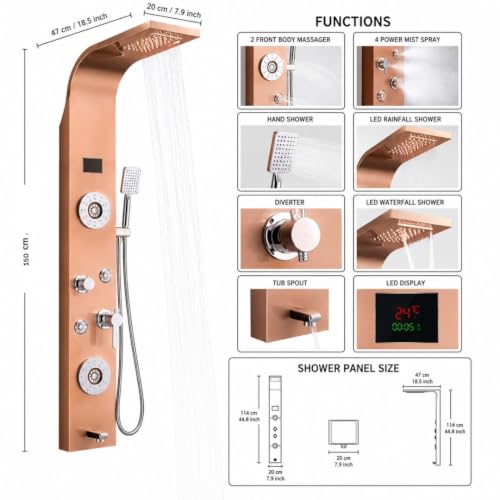 Image of ZeeCry 7 in 1 Full Set Stainless Steel 304 Shower Panel for Bathroom with Hand Shower /Showerhead /Body Massage Jets /Shower System with Hot & Cold Mixer (3 function hand shower) (Rose Gold)