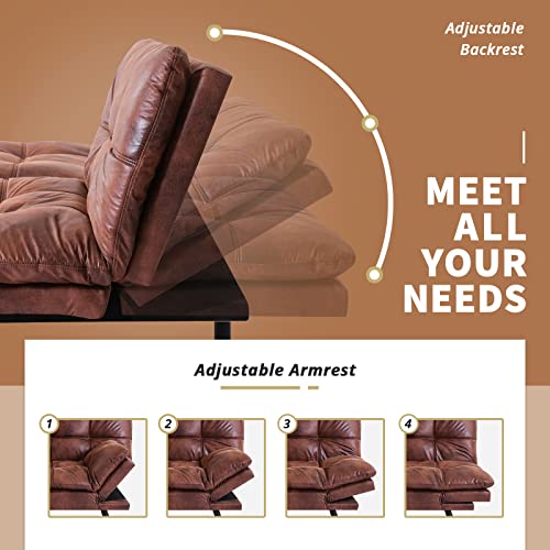 Iululu Futon Bed, Faux Leather Sofa Couch With Memory Foam, Modern Convertible Sleeper Daybed With Adjustable Armrests For Studio, Apartment, Office, Dorm, Easy Assembly, Chestnut #TOP3