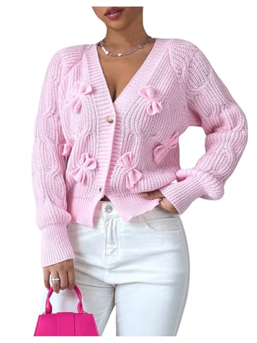 Image of SweatyRocks Women's Crochet Cardigan V Neck Long Sleeve Bow Decorated Button Down Knit Sweater Tops Pink Medium