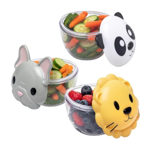Image of melii 3-Piece Animal Snack Containers for Toddlers and Kids - Airtight, Leakproof Food Storage with Fun Bulldog, Lion, and Panda Lids - BPA-Free, Ideal for On-the-Go Snacks