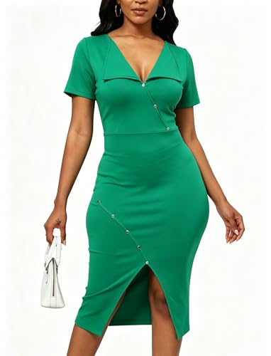 Image of Fooullaide Women's Sexy Bodycon Mid Dress Stretch Short Sleeve V Neck Cocktail Party Dresses