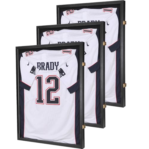 Jersey Wooden Frame Display Case -Shadow Box with 98% UV Protection Acrylic and Hanger for L or XL Baseball Basketball Football Hockey Sport Shirt and Uniform (Black, 3 Packs)