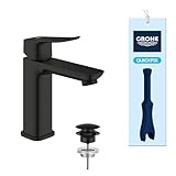 GROHE Dice, Waschtischarmatur, wassersparend (Wasserhahn für das Bad, Badarmatur mit Push-Open Ablauf, 17cm hoch, mit 3in1 Werkzeug, einfache Installation am Waschbecken), mattschwarz, 1018332430