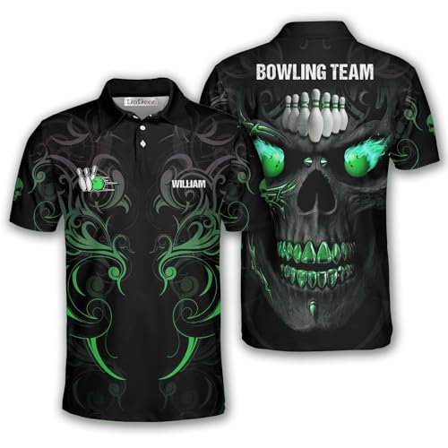 Custom Bowling Shirts for Men, 3D Print Bowling Shirts Unisex Polo Flaming Skull, Sizes S - 5XL
