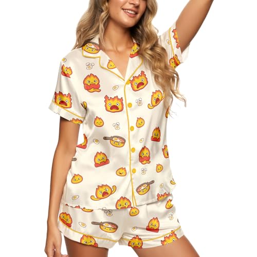 Image of Women 2PCs Satin Pajama Set Short Sleeve Silk Feel Gift Sleepwear | Soft stretch satin; relaxed comfort fit sizes S-3XL for sleep & lounge; short sleeve top, elastic waist shorts; easy care
