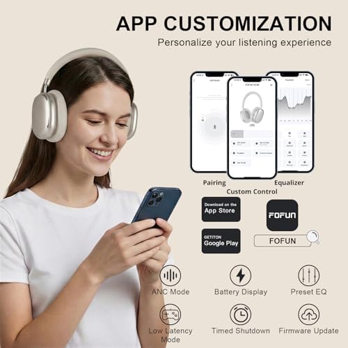 FOFUN NC95 Hybrid Active Noise Cancelling Headphones with Knob Control, 120H Playtime Over Ear Headphones Wireless Bluetooth 6.0, App Control, Hi-Res Audio, Comfort Fit, Clear Calls for Travel/Workout - 5
