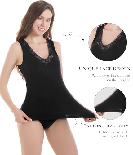 Image of Womens Tank Top Camisoles with Premium Cotton Italian Design - Trimmed with Flower Lace on Neckline