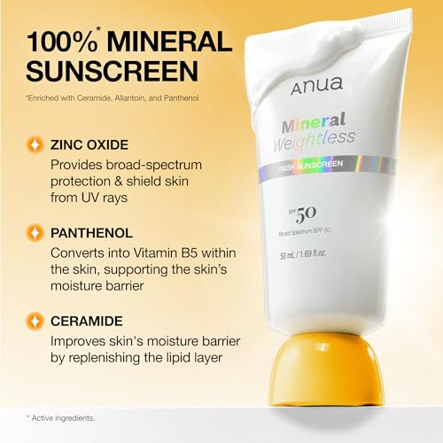 Image of Anua Mineral Weightless Finish Sunscreen SPF 50, Broad Spectrum, Zinc-Based for Sensitive Skin, Lightweight Hydrating Lotion Texture, Under Makeup, Korean Skincare, 1.69 fl oz