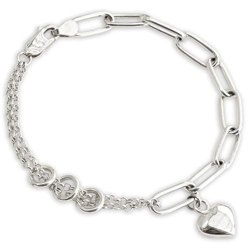 925 Sterling Silver Paperclip Bracelet with Dangling Puff Heart Charm, Double Chain Thick Bracelets for Charms Non Tarnish Womens Trendy Accessories Fashion Jewelry for Women Love Gift (7 Inch)