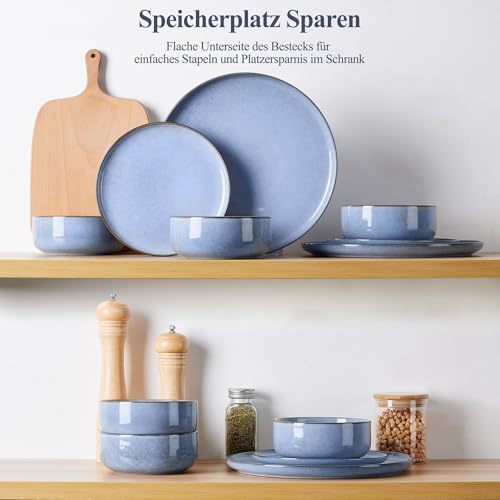 Joyfair Geschirrset 6 Personen, 18-tlg Steinzeug Tafelservice Set, Kratzfest Reaktive Glasur Geschirr Set mit Speiseteller, Dessertteller, Müslischalen, Mikrowellen- & Spülmaschinenfest, Ozean Blau