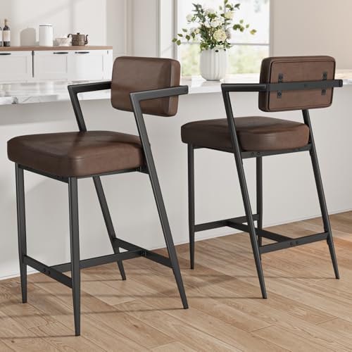 GarveeHome Bar Stools Set of 2 w/Backrest, 27" Counter Height Bar Stool with Armrest & Footrest, Tall Bar Chairs Thick Cushion & Thickened Metal Legs,