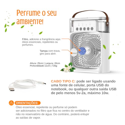 Ventilador de Mesa Portatil Umidificador Climatizador Mini Ar Condicionado USB Luz Led RGB Pode Colo